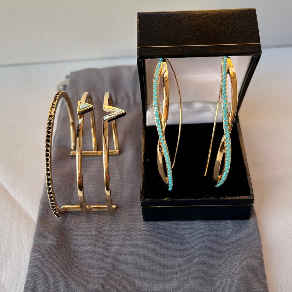 Jules Smith Gold and Turquoise Hoops & Matching Cuff Bracelet